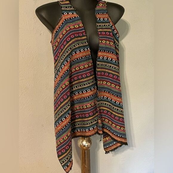 Small Grace & Emma Southwest design embroidered open front striped Boho vest - Picture 2 of 13